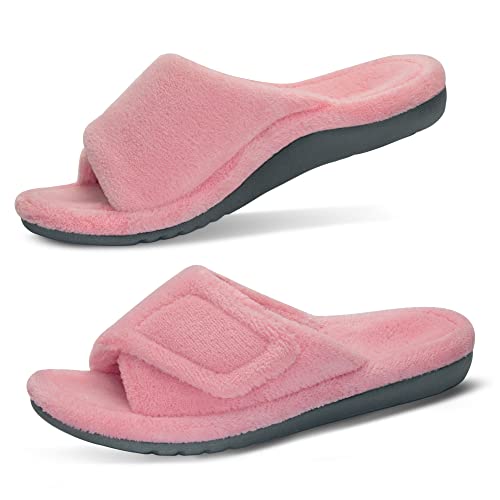 GRITHEIM Women's Orthotic Arch Support Slippers Fuzzy Adjustable Orthopedic Slippers for Plantar Fasciitis Furry Slide Slippers for Ladies pink 6